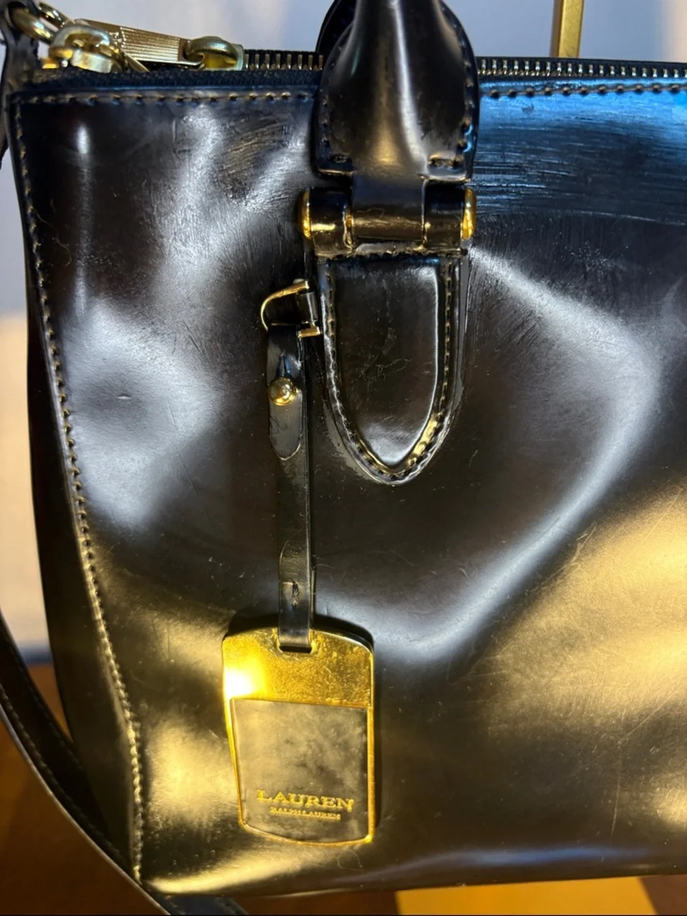 Ralph Lauren Black Patent Leather Tote Bag with Gold Hardware